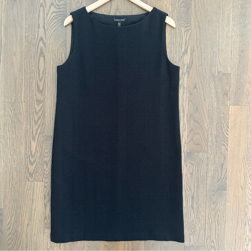 Eileen Fisher Textured Woven Bateau Neck Sheath Shift Dress in Black Size Small
